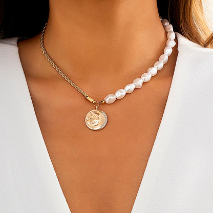 Goth Baroque Pearl Coin Portrait Pendant Necklace for Women Vintage Aesthetic Jewelry